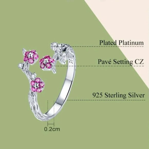 NWT Flower Ring S925 Sterling Silver Pink CZ Cherry Blossom Open Adjustable - Picture 6 of 7